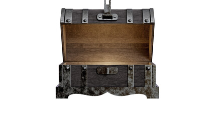 Open small wooden treasure chest box metal edge  open and empty front view 3D rendering