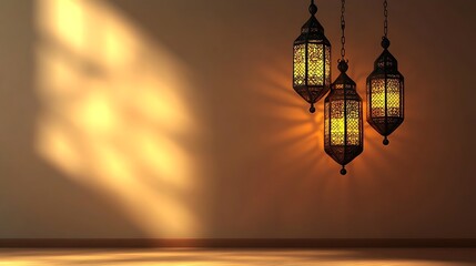 Illuminated Moroccan Lanterns Hanging Against A Wall
