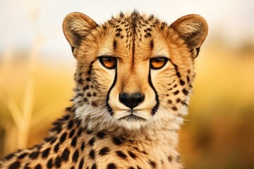 Close up of a cheetah looking forward with a blurred savanna background