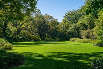 Fototapeta premium Large blank billboard set in a sunny park, surrounded by lush greenery, clear sky in the background.