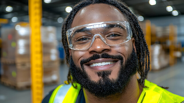 Happy warehouse worker smiling, safety glasses, logistics