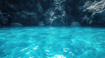 Obraz premium Sunny turquoise water laps against rocky cave entrance