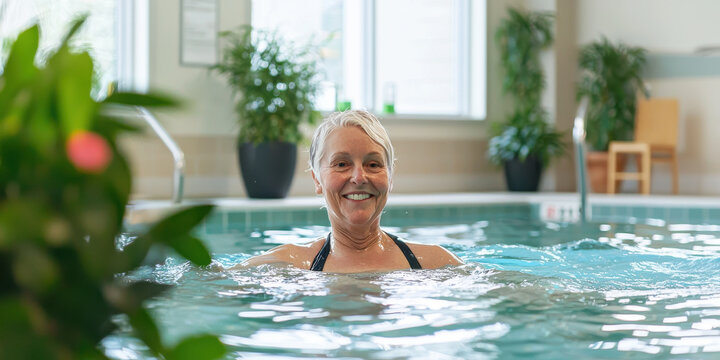 Senior woman enjoying relaxing swim in warm indoor pool surrounded by greenery, radiating joy and tranquility