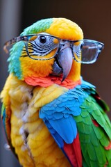 Obraz premium A vibrant parrot confidently sporting a pair of stylish glasses, showcasing its quirky personality. The bright feathers and humorous expression add a playful touch.