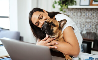 Woman, laptop and remote work with dog for emotional support with client, feedback or online...