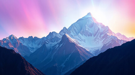 Majestic snow capped mountain peak shining under a colorful sky