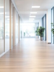 Obraz premium Bright, modern office hallway with glass partitions and wood flooring.