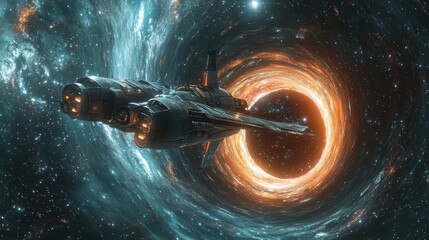 Spaceship traveling through a spiral galaxy and wormhole in deep outer space scenery