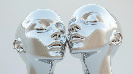 Two metallic silver humanoid heads in close embrace on neutral background