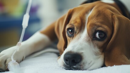 Fototapeta premium Beagle in a veterinary clinic receiving treatment on a soft bed while recovering with a compassionate gaze at the camera