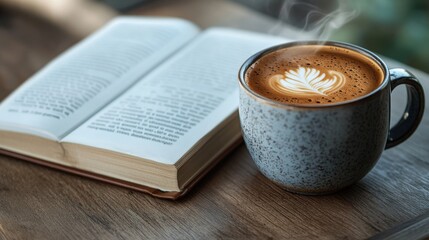 Book and steaming cup of coffee on a wooden table with natural light from window