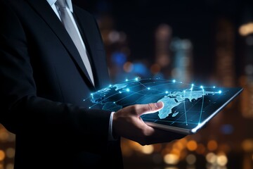 Businessman using tablet displaying holographic world map with network connections, representing global communication and technology