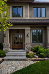 Obraz premium Luxury Home Exterior: Modern Stone Facade, Landscaping, and Grand Entrance