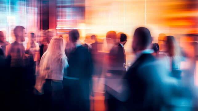 Blurred motion of people networking at a vibrant event, capturing the energy and atmosphere of a social gathering