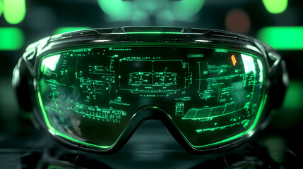  Futuristic smart glasses with a green digital display for augmented reality close-up and detailed view.  The green LED display has a futuristic feel, capturing the essence of innovative technology 