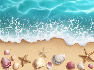 tropical beach with vector illustrations of seashells, starfish, and gentle waves lapping the shore, soft colors, isolated on a transparent background,