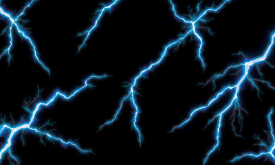 Bright blue lightning bolts illuminate dark background, creating striking visual effect. electric energy of bolts adds dynamic and powerful atmosphere to image