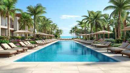 Tropical resort pool with beach view, chaise lounges, and luxury villas