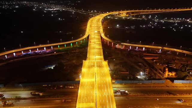 Overhead view illuminated freeways exits