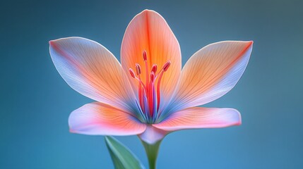 Fototapeta premium Vibrant orange-pink lily flower close-up on soft teal background