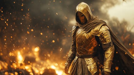 Warrior in gold and black armor standing confidently in front of a large fire on a battlefield