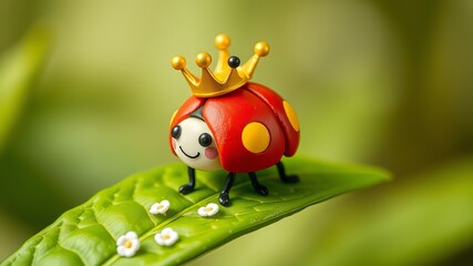 Golden Crown Ladybug Figurine on Leaf