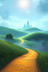 Yellow Brick Road Leading to Castle Fantasy Landscape Art