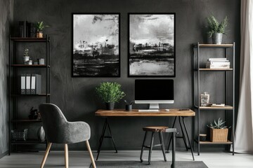 Abstract grayscale artwork in modern home office.