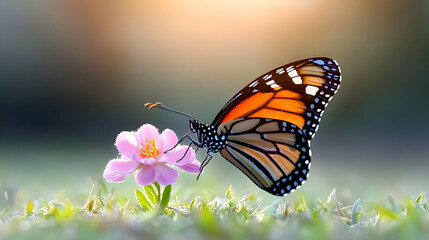 Fototapeta premium Monarch butterfly on pink flower, garden, sunrise. Nature stock photo