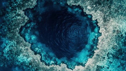 Fototapeta premium Aerial view of a mesmerizing blue hole surrounded by coral reefs in a tranquil tropical sea