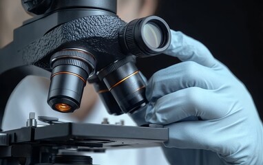 Black laboratory microscope with orange highlights and gloved hand in a research environment for scientific discovery