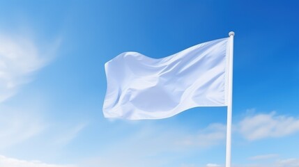 A Plain White Flag Waving Gently Against a Bright Blue Sky in a Mockup Template with Soft Clouds and Serene Atmosphere