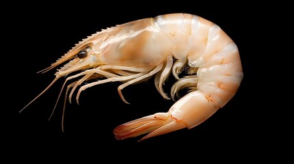 A detailed close-up of a shrimp showcasing its pinkish hue and segmented body against a black background.