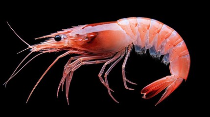 A vibrant shrimp, showcasing its intricate details and bright coloration against a dark background, highlighting its unique features.