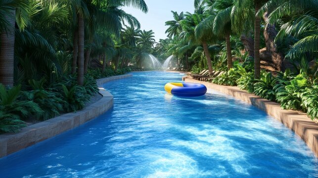 Serene water park lazy river surrounded by lush palm trees and vibrant greenery on a sunny day