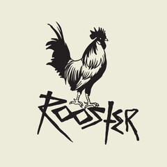 Graphically hand drawn rooster in a suit on a red background. Retro engraving with farm animals for restaurant menus, for packaging in markets and in shops. Vector vintage illustration.