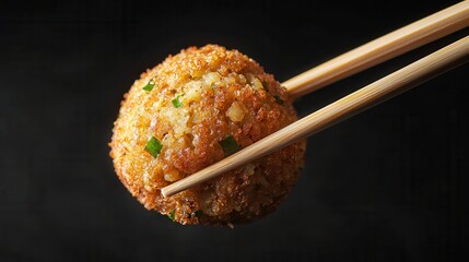 A crispy, golden ball held by chopsticks, showcasing a delicious bite-sized treat against a dark background.