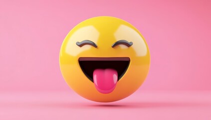 Fototapeta premium 3D render of a yellow, happy emoji with its tongue out, against a pink background,