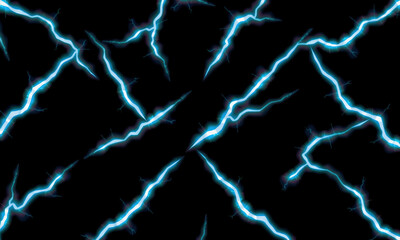Bright blue lightning bolts on black background create striking visual effect, evoking energy and power. Perfect for backgrounds or designs