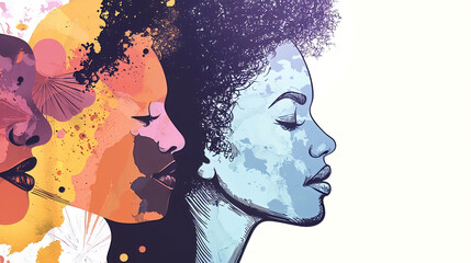 Women history honors heritage and diversity. It marks progress and inspires celebration. Colorful Abstract Portraits of Diverse Women with Curly Hair