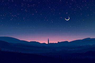 Serene Night Landscape with Crescent Moon over a Village