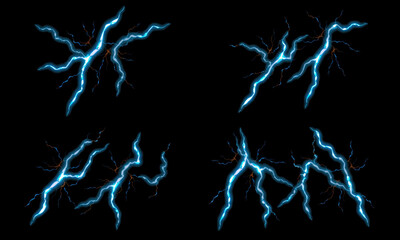 Bright blue lightning bolts on black background create striking visual effect. dynamic shapes and electric energy evoke sense of power and intensity