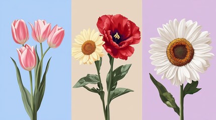 Fototapeta premium Three Mother's Day cards featuring vibrant flowers: pink tulips on a light blue background, red daisies on a beige backdrop, and white sunflowers on a pastel purple surface