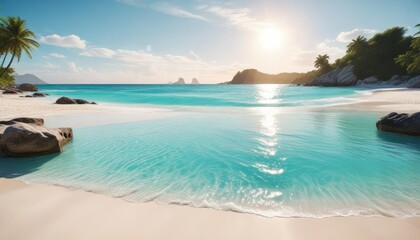 Fototapeta premium Serene beach scene with white sand and turquoise water, tranquil ambiance, natural beauty