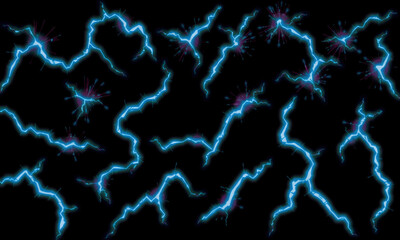 Obraz premium Bright blue lightning bolts illuminate dark background, creating striking visual effect. electric energy and dynamic patterns evoke sense of power and intensity