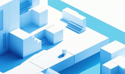 Obraz premium Abstract 3D isometric rendering of light blue geometric shapes, creating a futuristic city landscape.