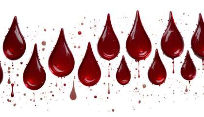 Set of blood drops and stains, cut out on white background.
