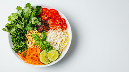 Fresh and vibrant bowl of Vietnamese ingredients with herbs, noodles, and lime