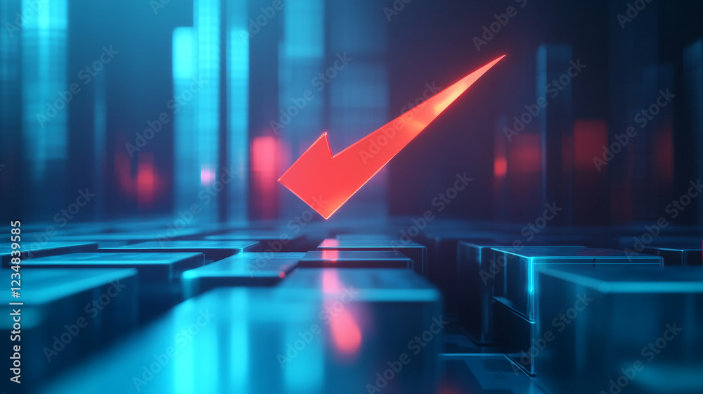 Poster Abstract 3D digital rendering of a glowing red checkmark floating over reflective cubes in a futuristic environment, symbolizing approval, success, or positive progress.