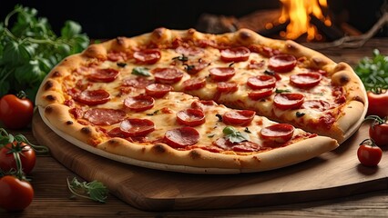 "Delicious American Pizza on Rustic Wooden Table with Text Space"